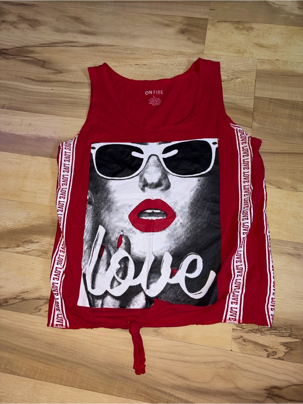 On Fire Red Graphic 'Love' Tank with Sunglass Face Print